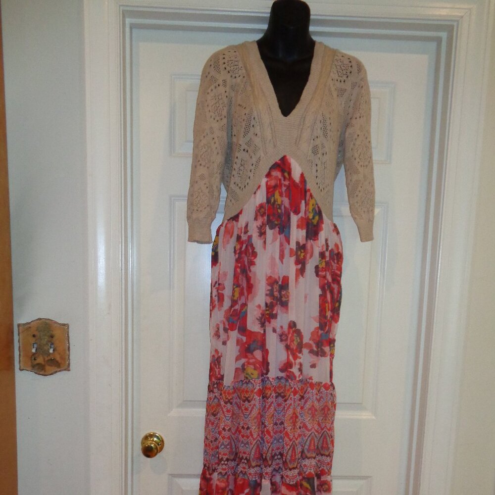 EUC Free People large L beige & coral floral 3/4 sl lined flowy maxi long dress